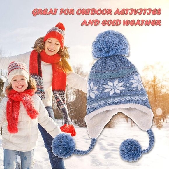 Women Sky Blue Pompom Long Ear Straps Beanie Warm Fleece Lined Ski Hats Cap main image 4